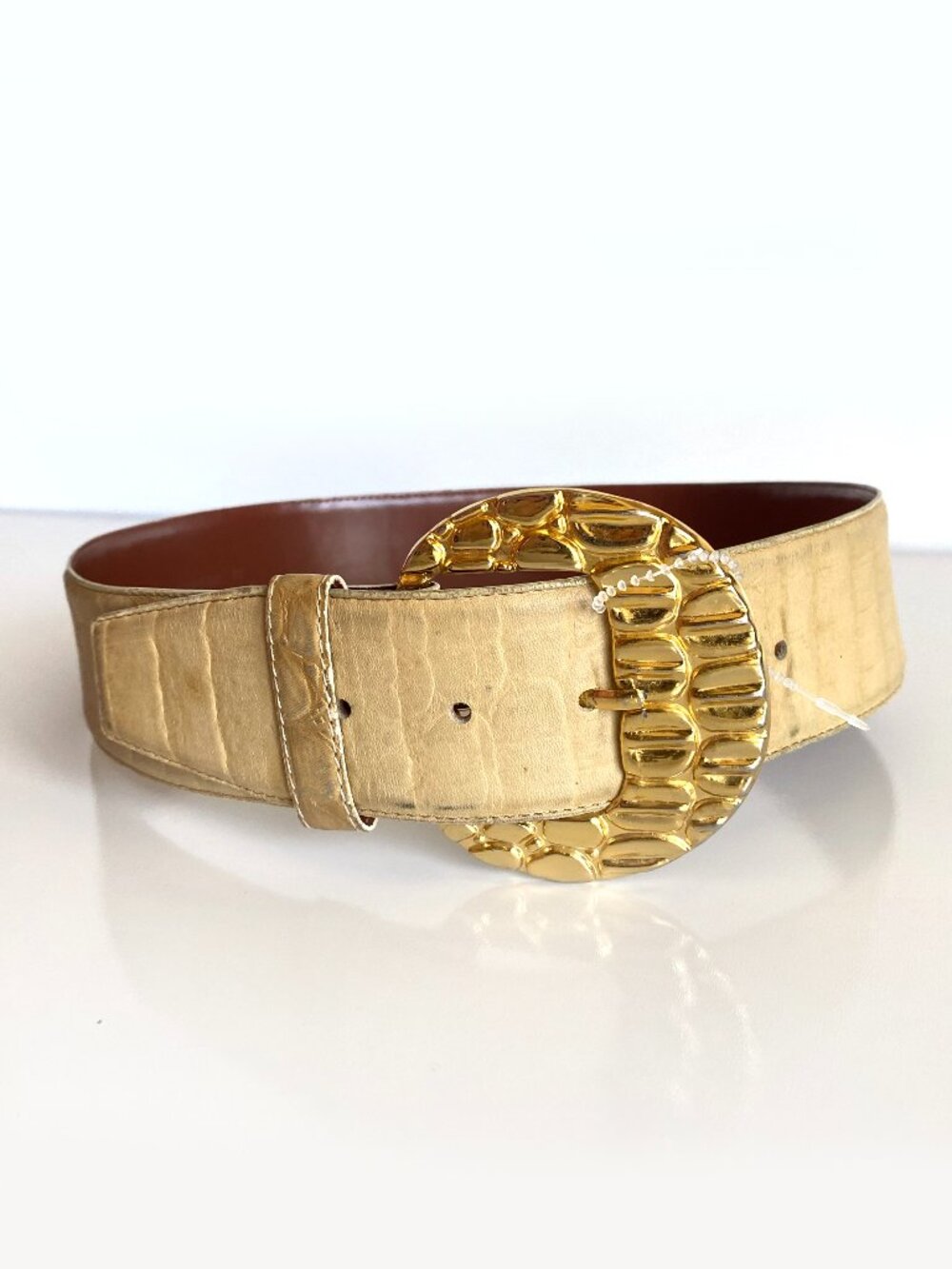 Vintage 80s Tan Embossed Leather Cinch Waist Wide Belt Gold Buckle Size M